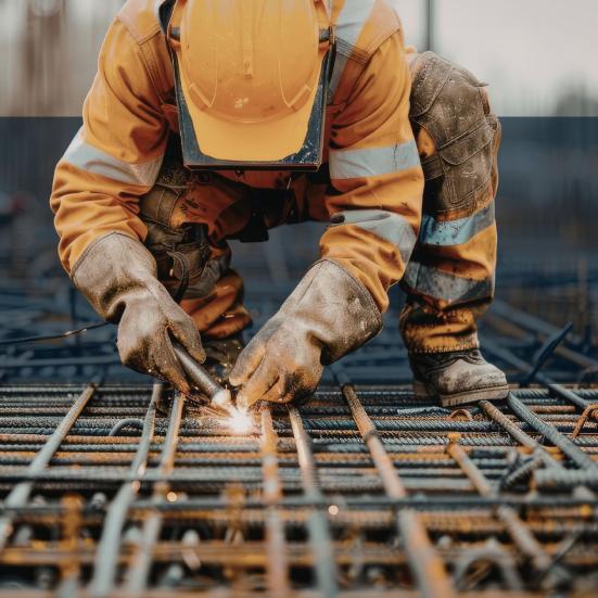 Arbejder i orange arbejdstøj og hjelm svejser metal, mens gnister flyver.