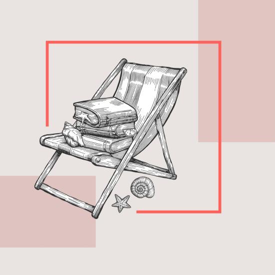 Illustration af en liggestol med en stak bøger og små strandskaller.