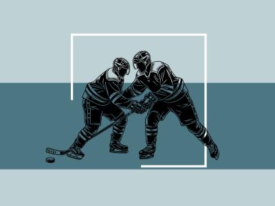 Grafik af to ishockeyspillere i kamp på isen.