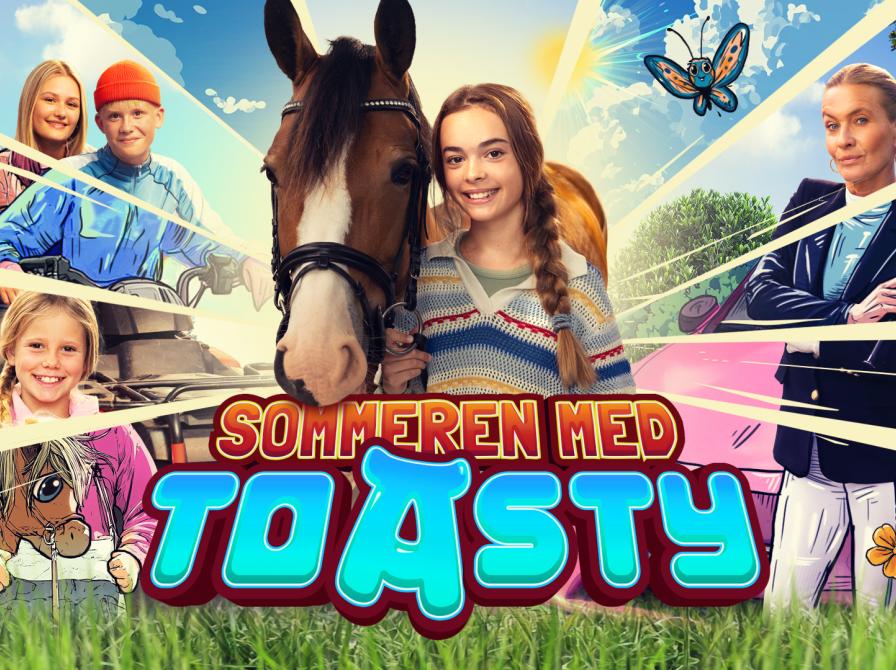 Filmbilleder fra Toasty med sommerbaggrund, børn og hest i fokus.